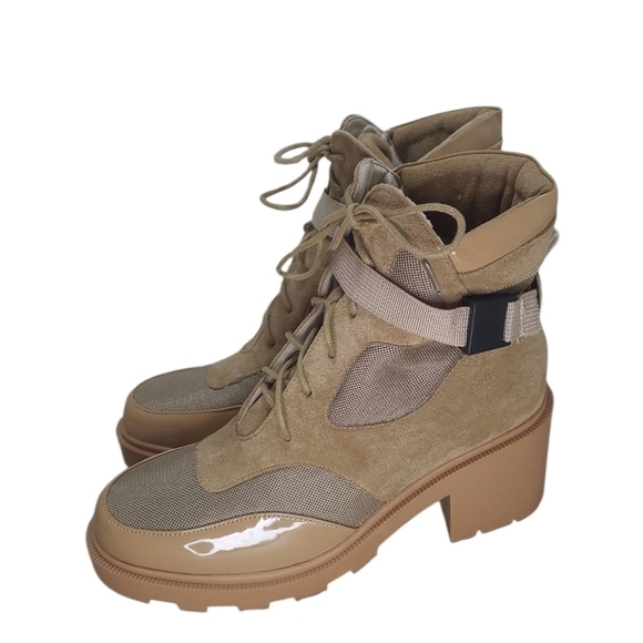 Vivianly MOTO Lace-Up Chunky Heel Platform Combat Boots Nude Size 10 - Picture 14 of 16